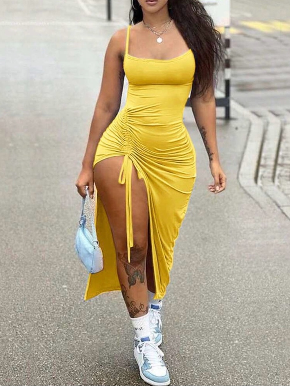 SHEIN Yellow Ruched Side-Tie Spaghetti-Strap Midi Dress